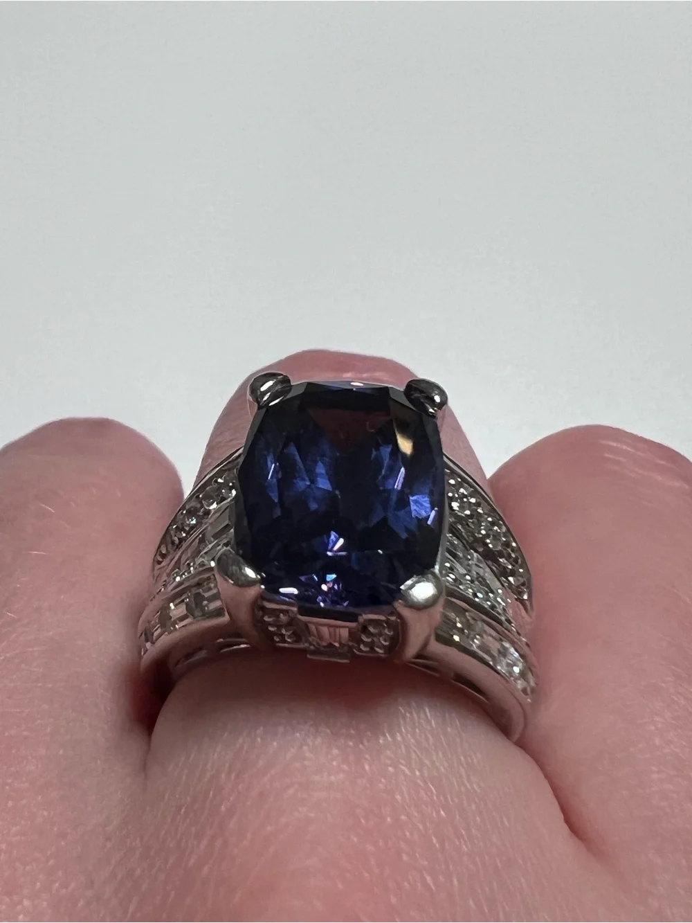 925 Sterling Silver Blue CZ Ring Cushion Cut Stone Set w/ Clear Accents Size 7